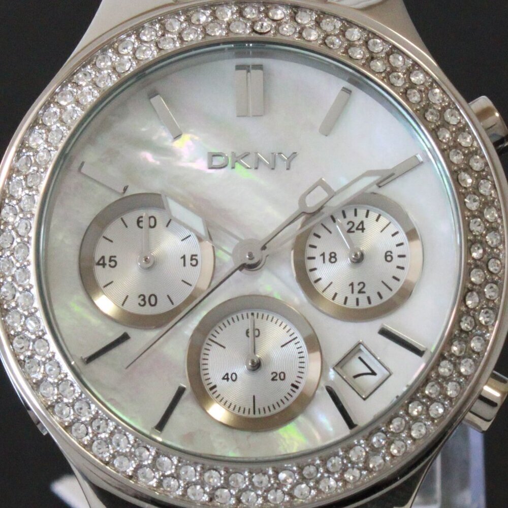 DNKY Women's Chronograph Crystal Bezel Mother Of Pearl Dial Silicone Strap 38mm - Picture 14 of 14